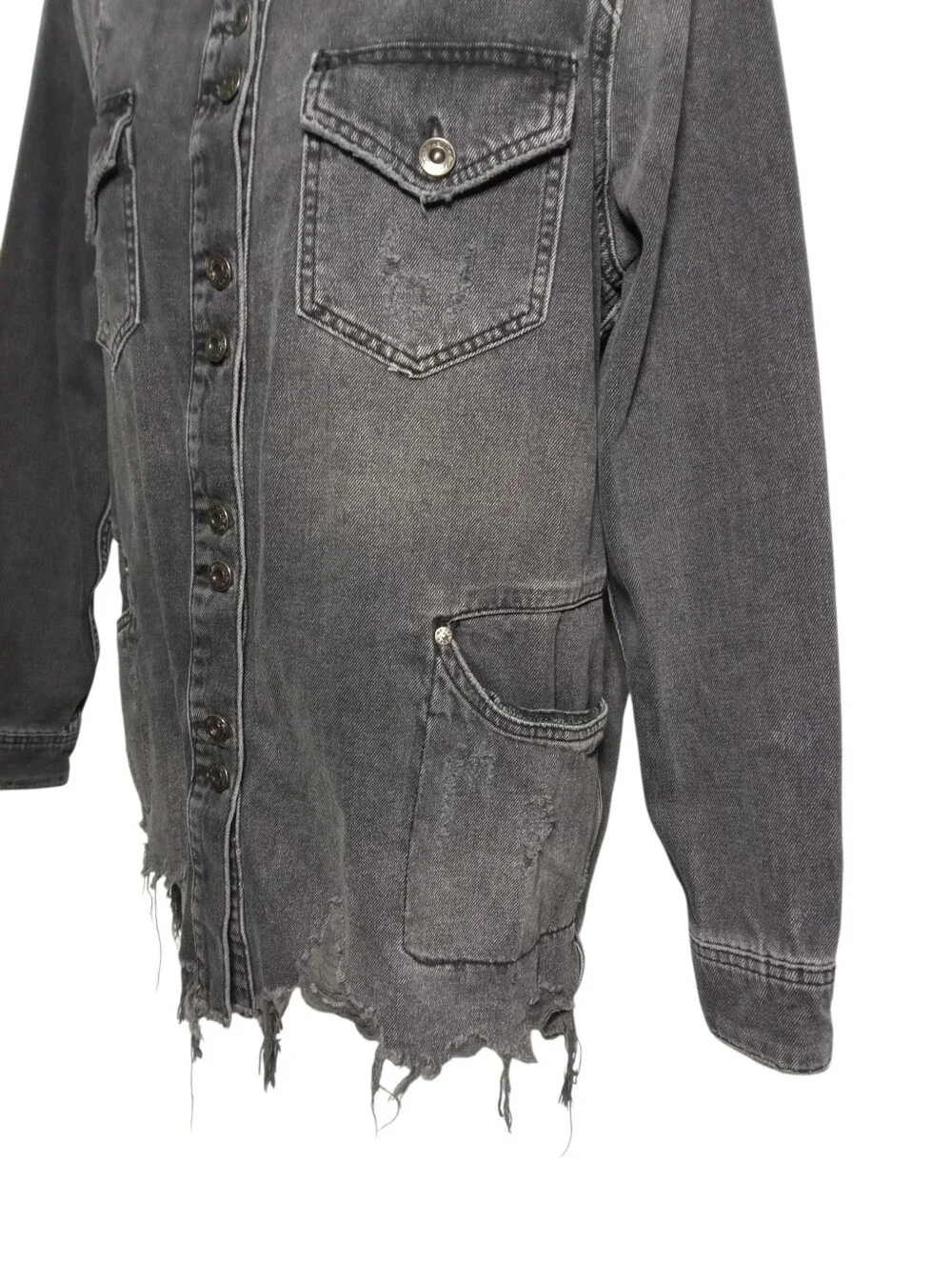 Free People Factory Distressed Black Denim Utility Jacket Raw Hem Large - Picture 7 of 9